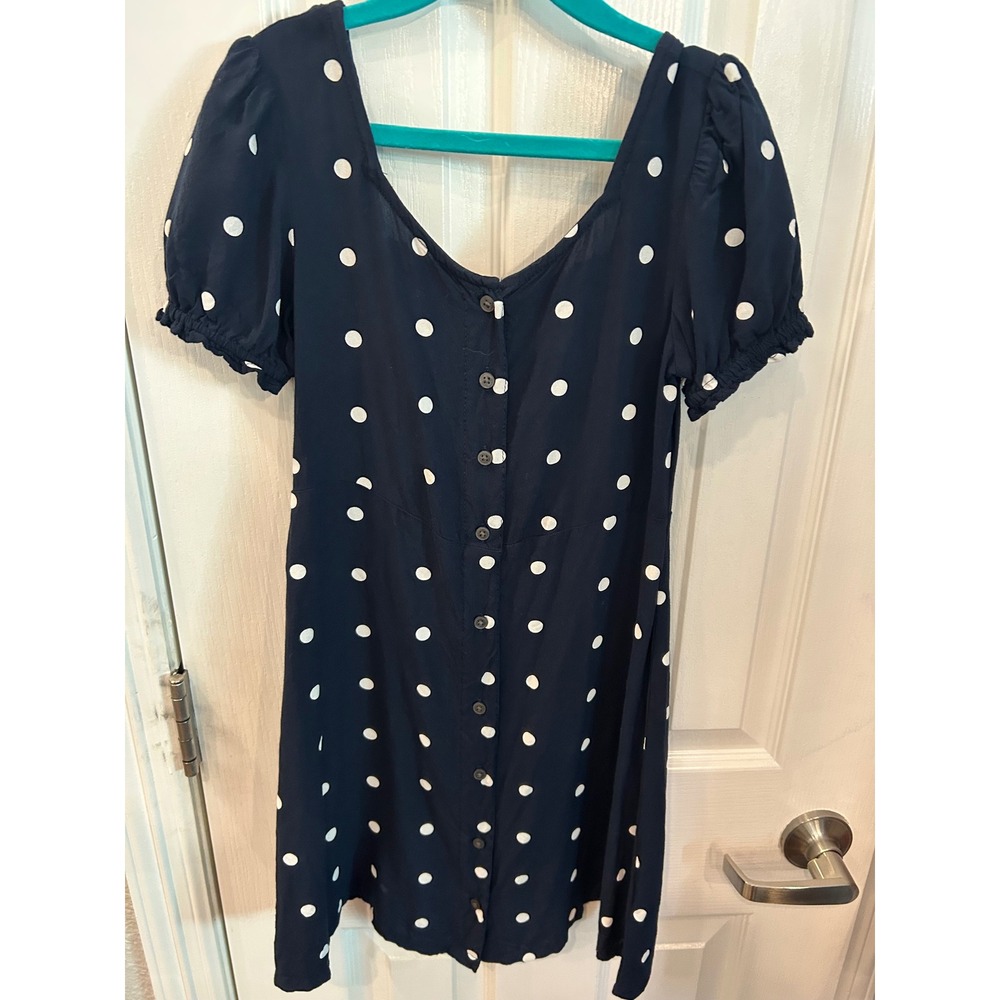 Old Navy Dress Navy Blue Polka Dot Smocked Puff Sleeve Button Front Girls M 8